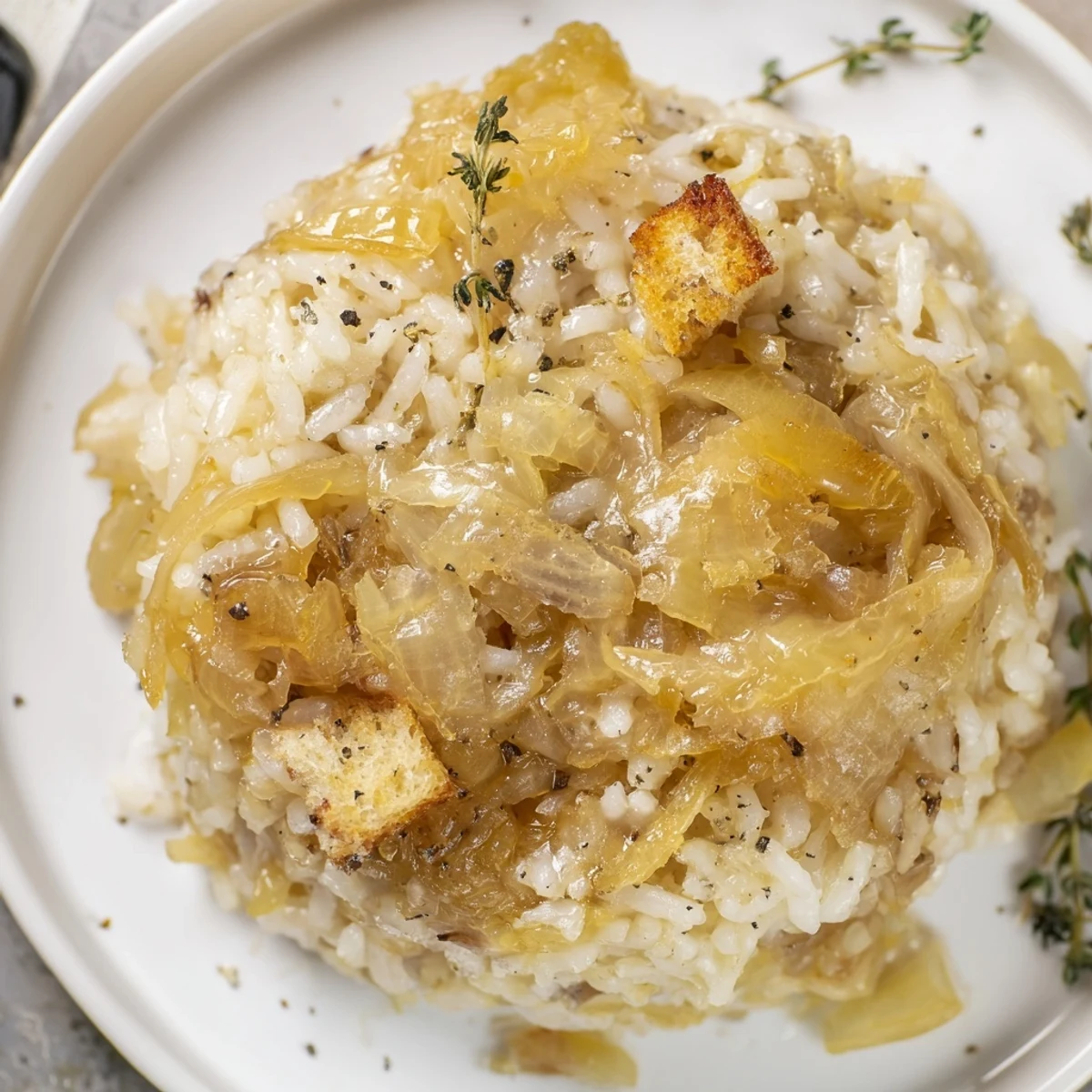 Warm French Onion Soup Rice in casserole, fragrant thyme and golden edges