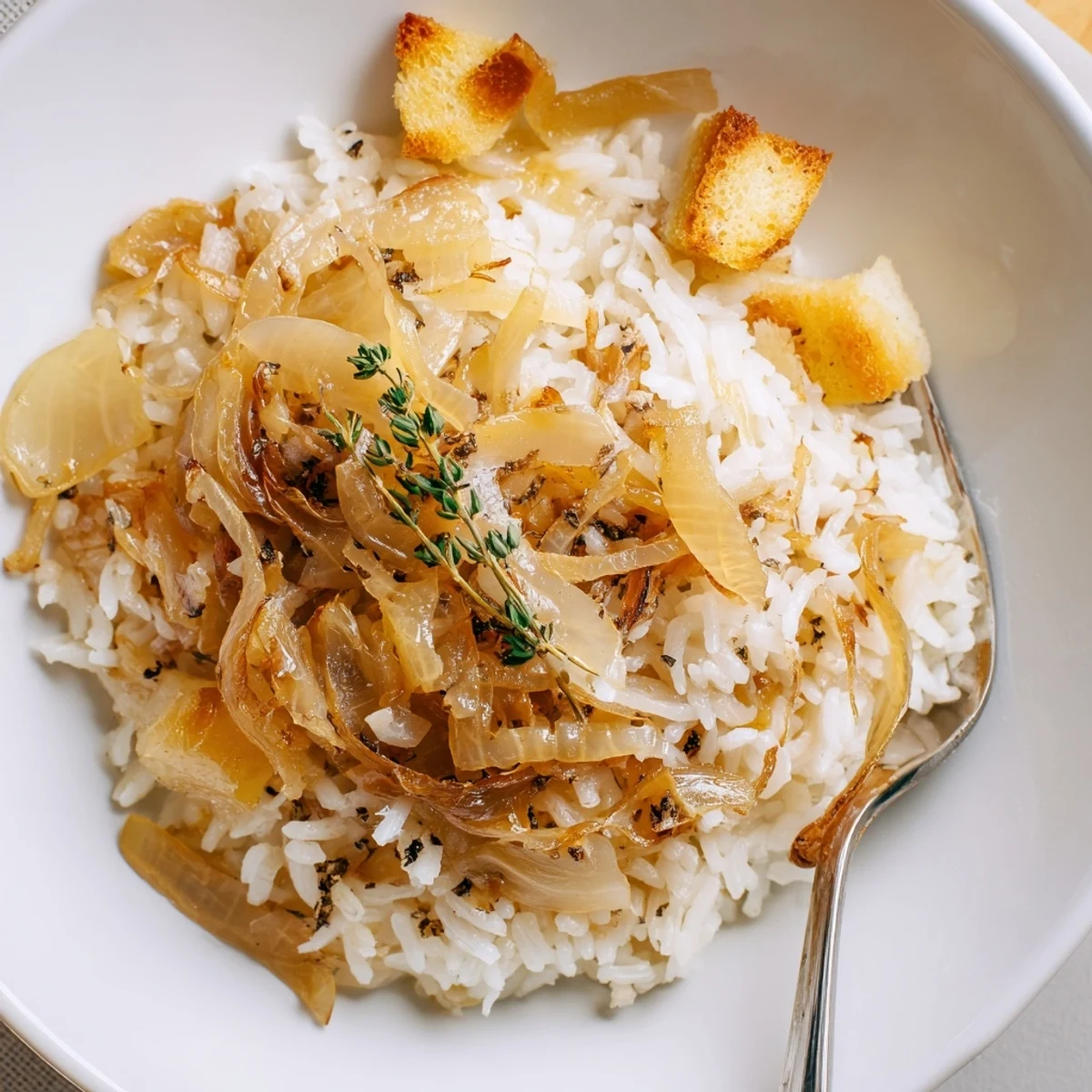 Creamy French Onion Soup Rice served straight from oven, savory broth aroma
