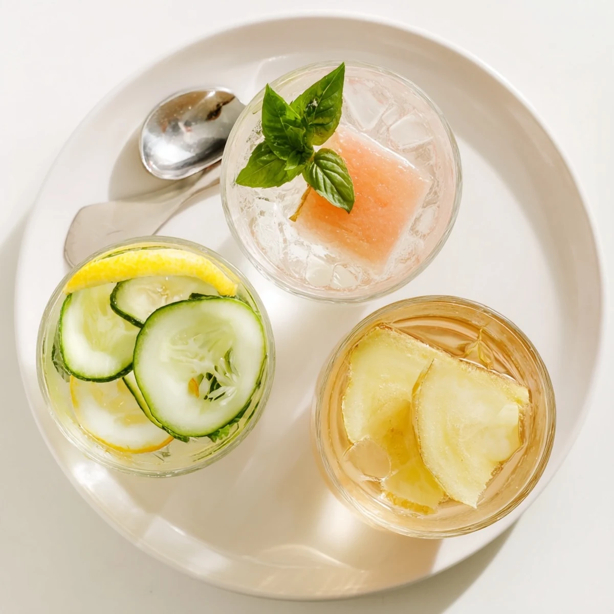 Iced Summer Detox Drinks trio: ginger-lemon green tea, citrus-cucumber, watermelon-basil