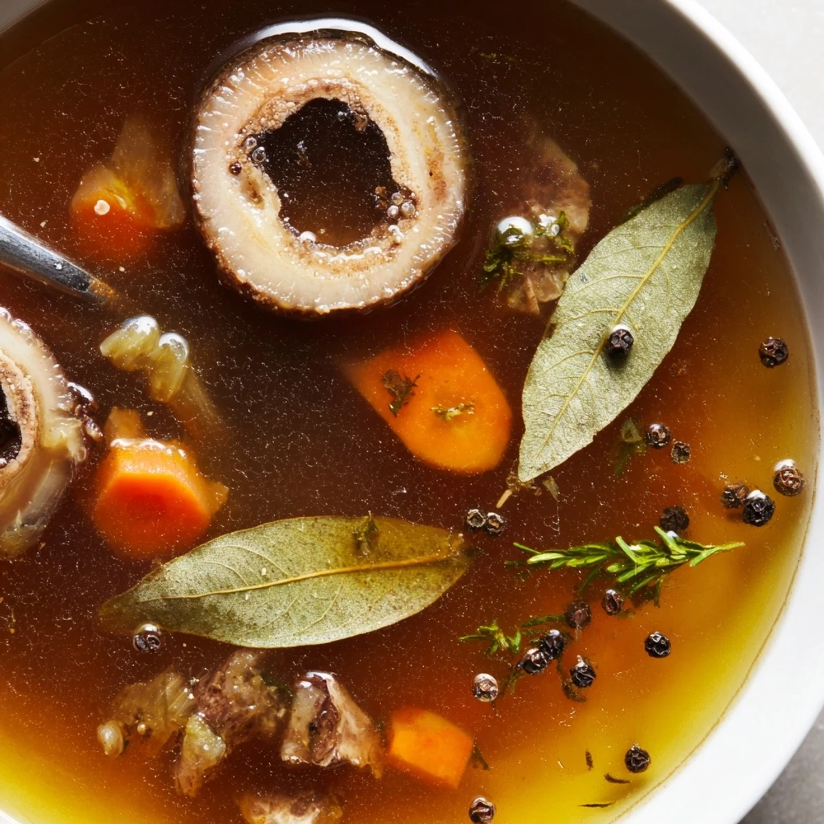 Homemade Beef Bone Broth simmered 12 hours, rich gelatinous texture, ladled  