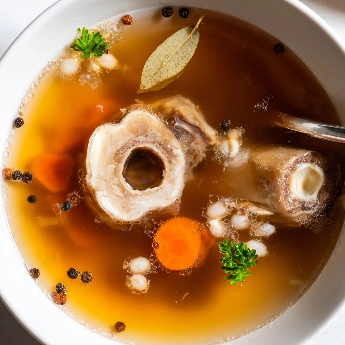Beef Bone Broth steaming in bowl, golden color, savory beef aroma  