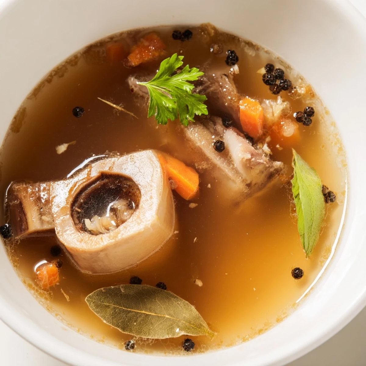 Chilled Beef Bone Broth with solidified fat layer, ready for skimming