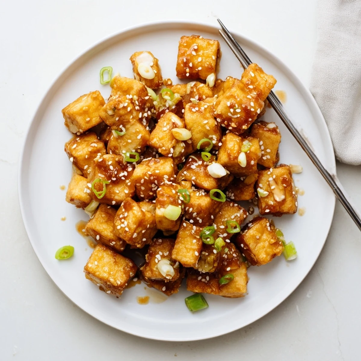 Golden crispy honey garlic tofu cubes glistening with sticky sweet and savory sauce