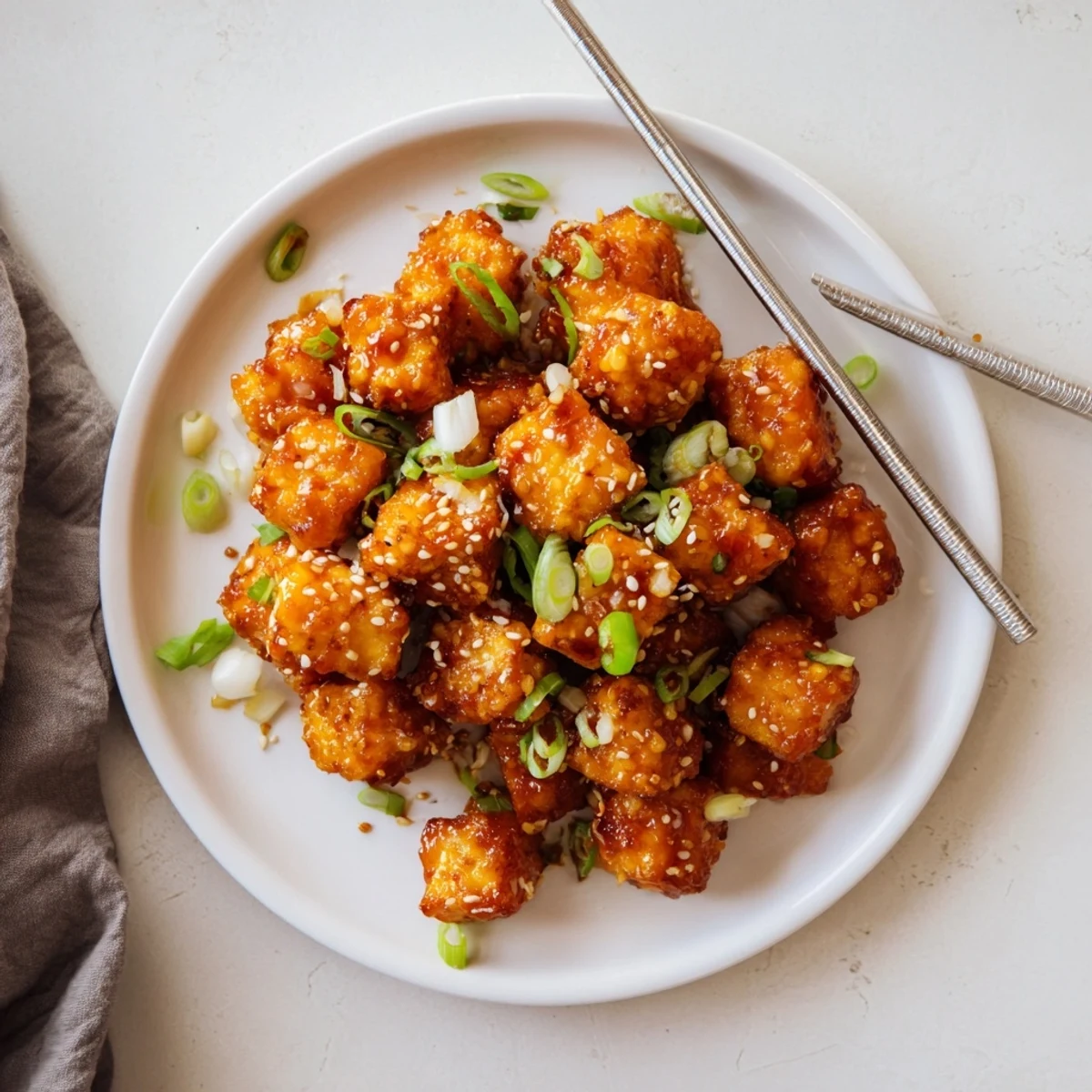 Crispy fried tofu pieces tossed in glossy honey garlic glaze with fresh green onions