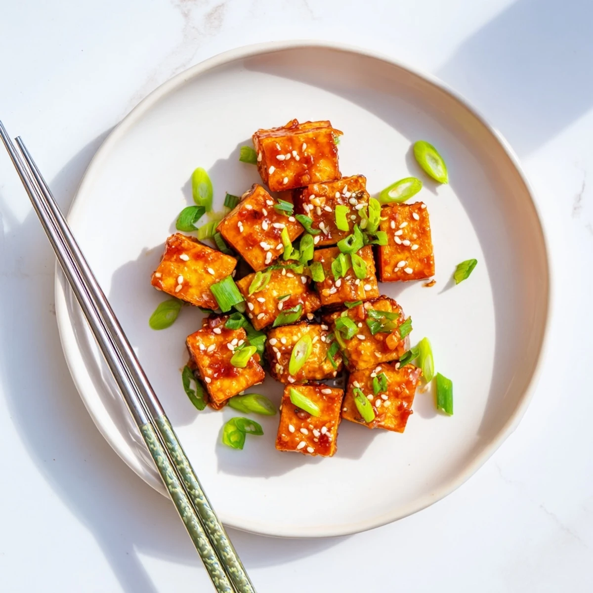 Plate of honey garlic tofu served over steamed white rice with sesame seed garnish