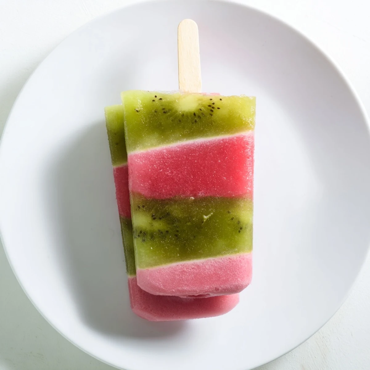 Watermelon kiwi fruit pops displaying vibrant pink and green layered frozen treats on wooden popsicle sticks