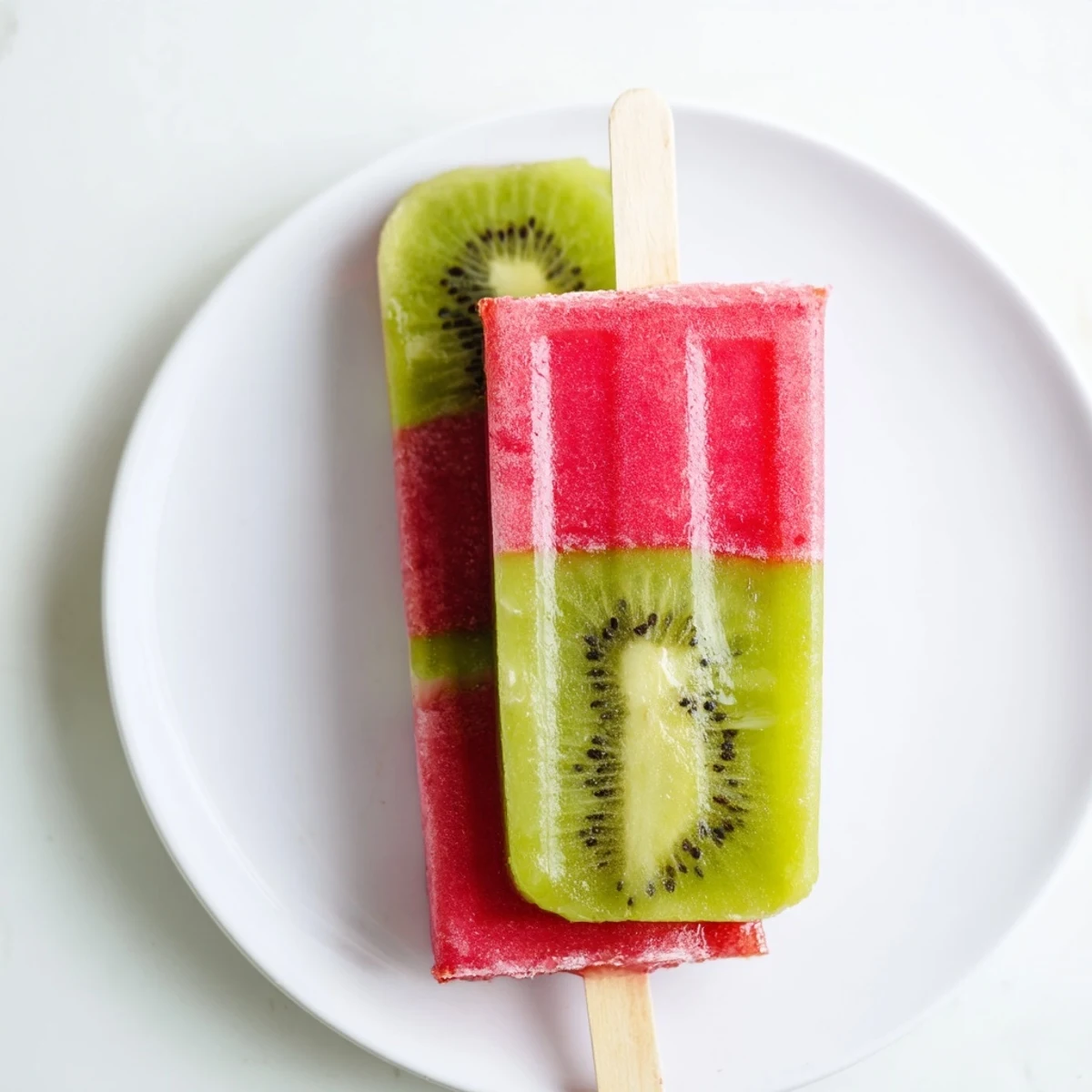 Close up of juicy watermelon kiwi fruit pops with fresh fruit chunks and visible ice crystals