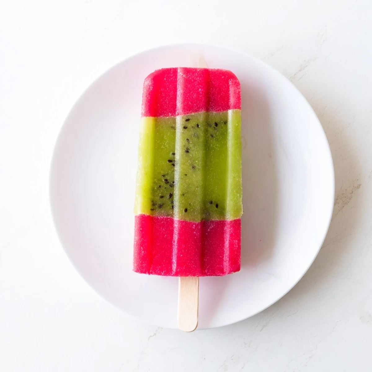 Colorful two-toned watermelon kiwi fruit pops arranged on white plate with mint garnish for summer desserts
