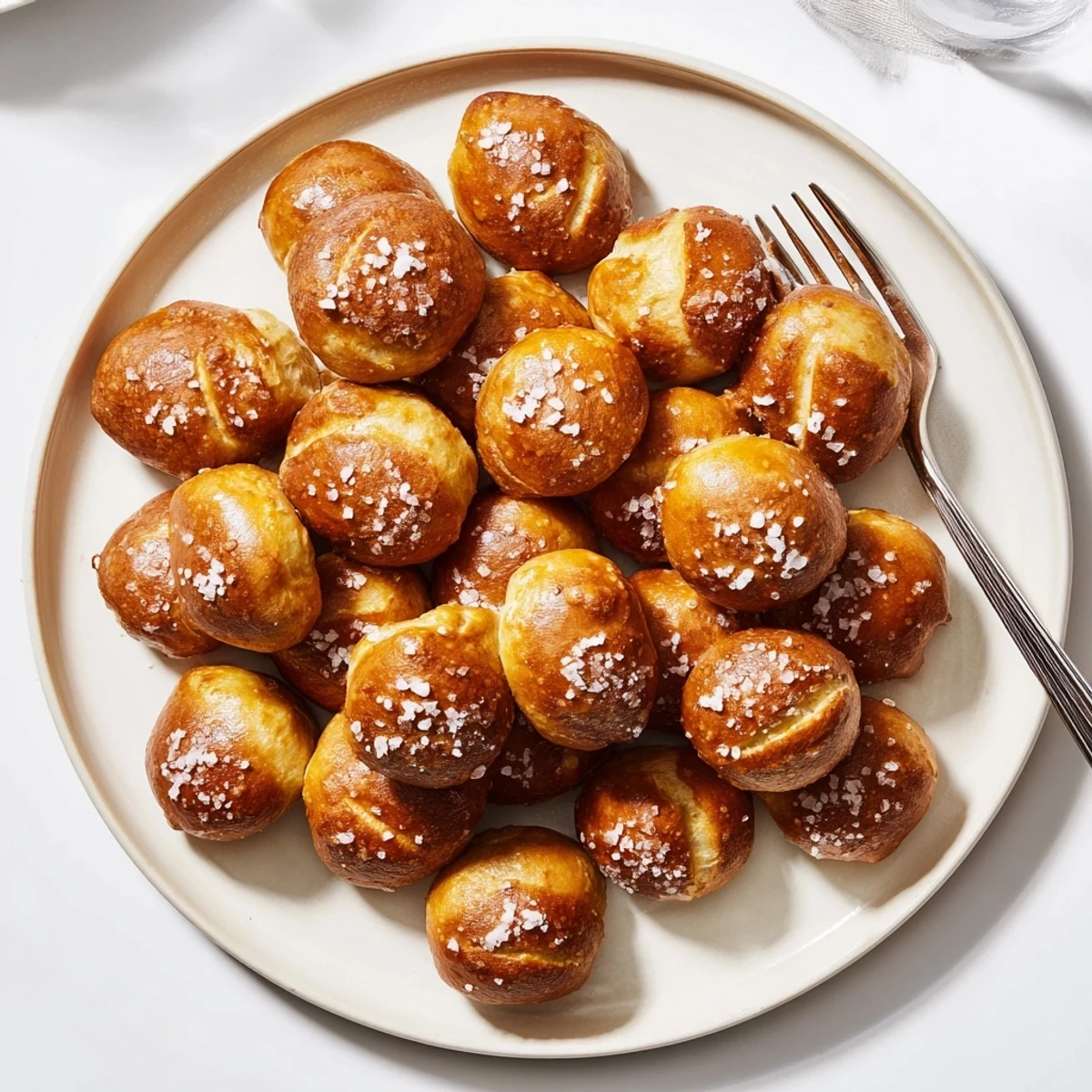 Golden brown homemade soft pretzel bites sprinkled with coarse sea salt on a wooden board