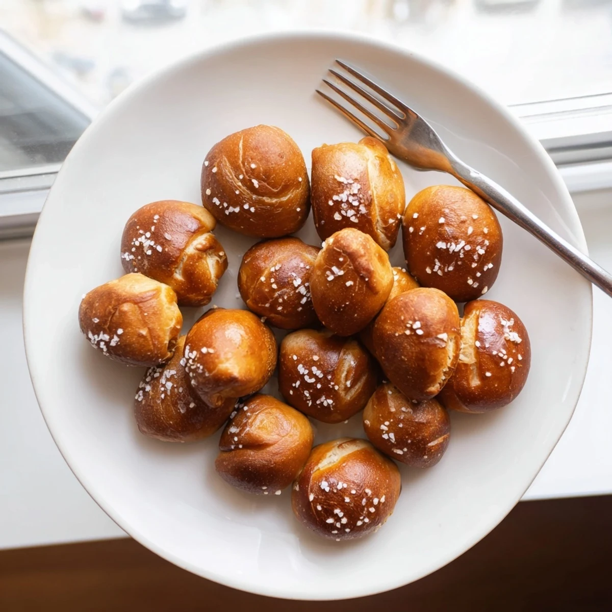 Warm chewy pretzel bites arranged on a parchment lined baking sheet ready for serving