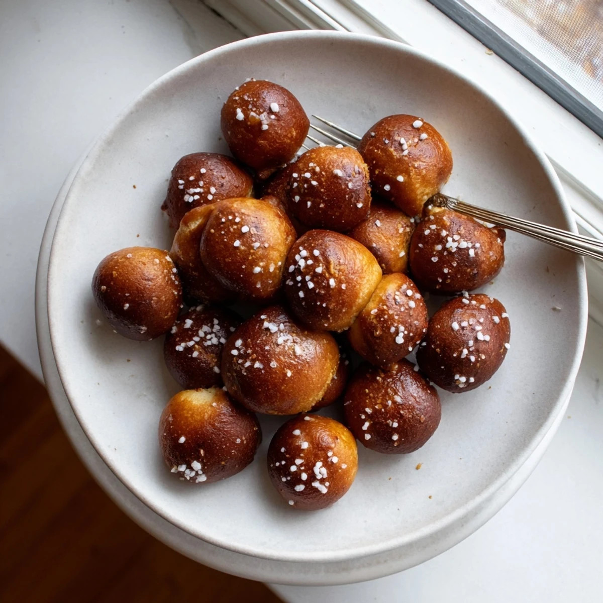 Basket of freshly baked soft pretzel bites with coarse salt perfect for dipping