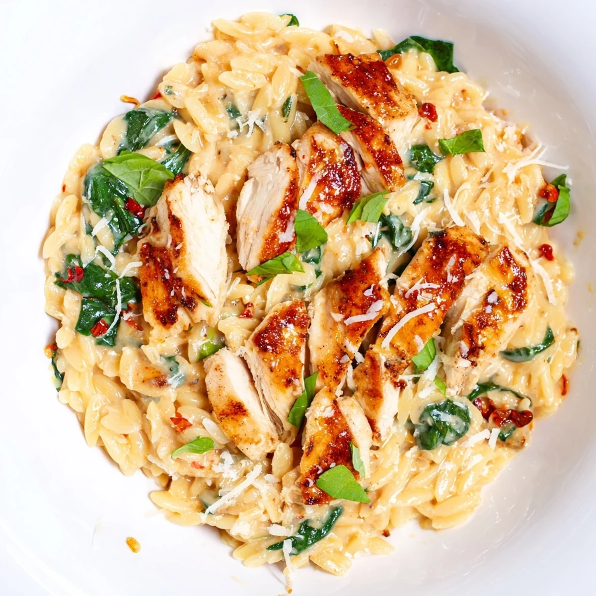 Creamy Marry Me Chicken Orzo with tender sliced chicken in sundried tomato sauce and fresh basil garnish