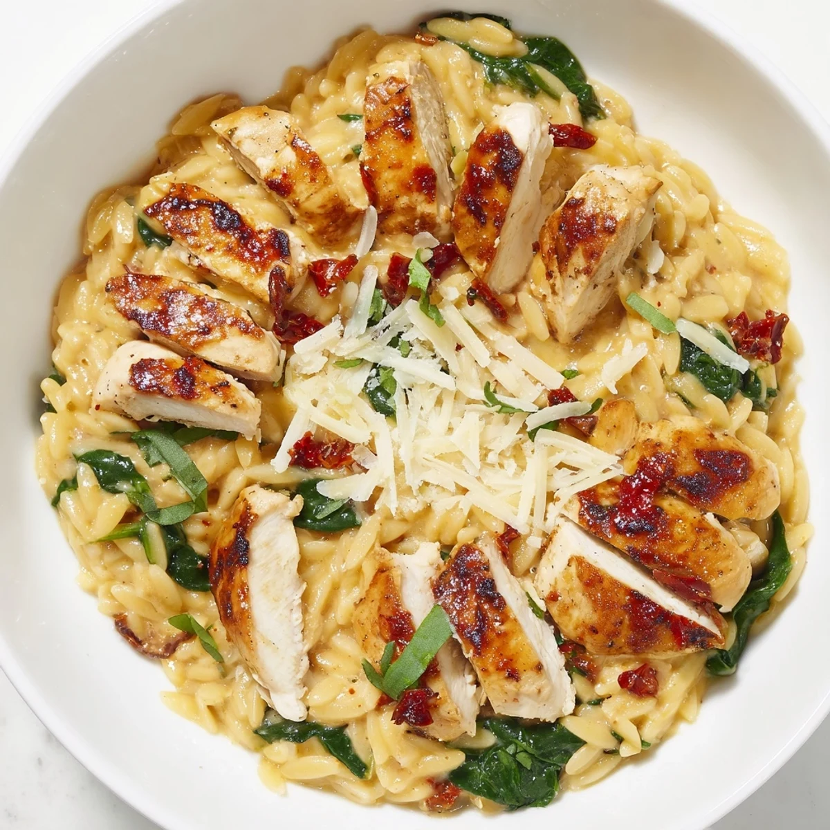 Golden chicken breasts nestled in cheesy orzo pasta with sundried tomatoes and wilted spinach