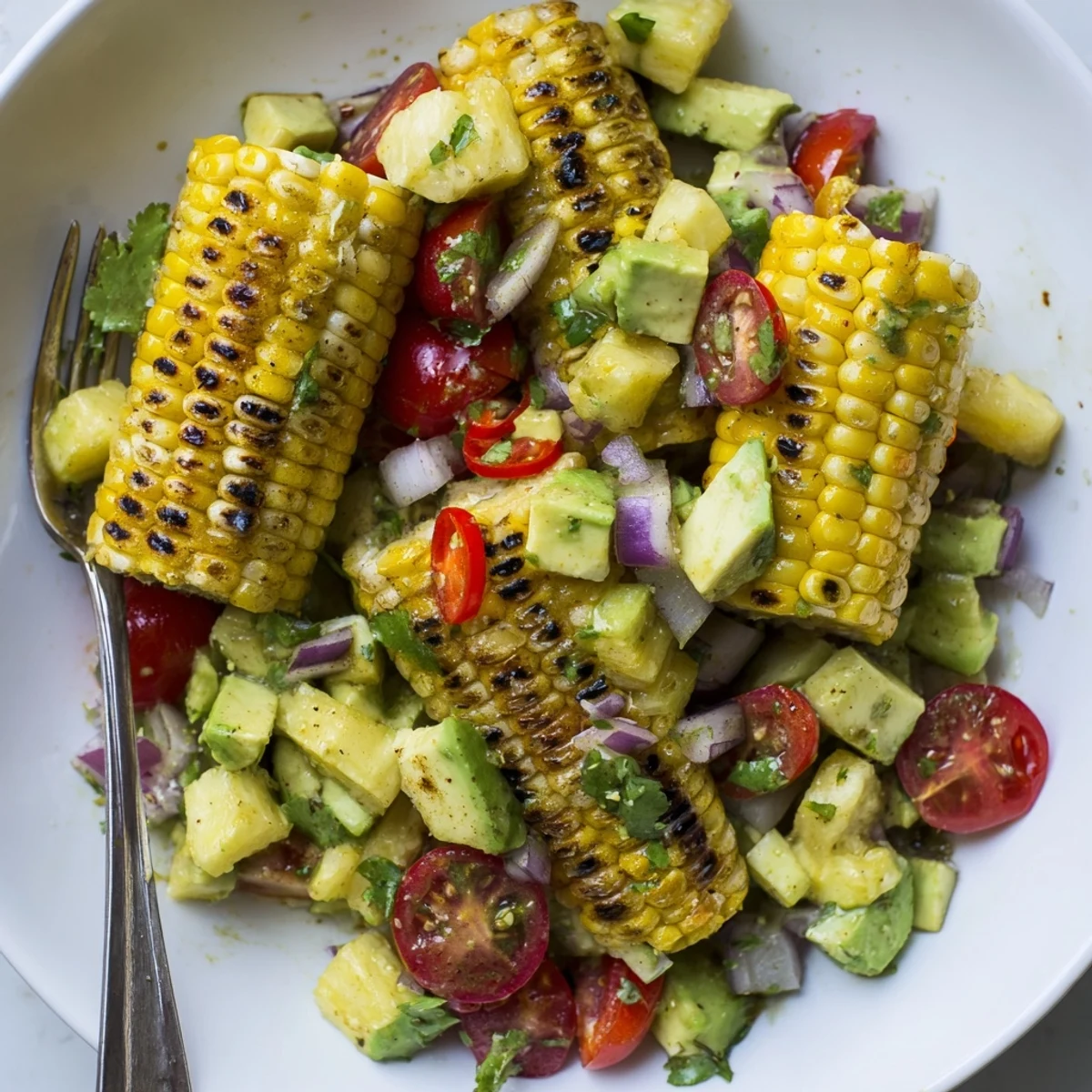 Bright Tropical Charred Corn And Avocado Salad tossed with pineapple, lime, crunchy tortilla chips