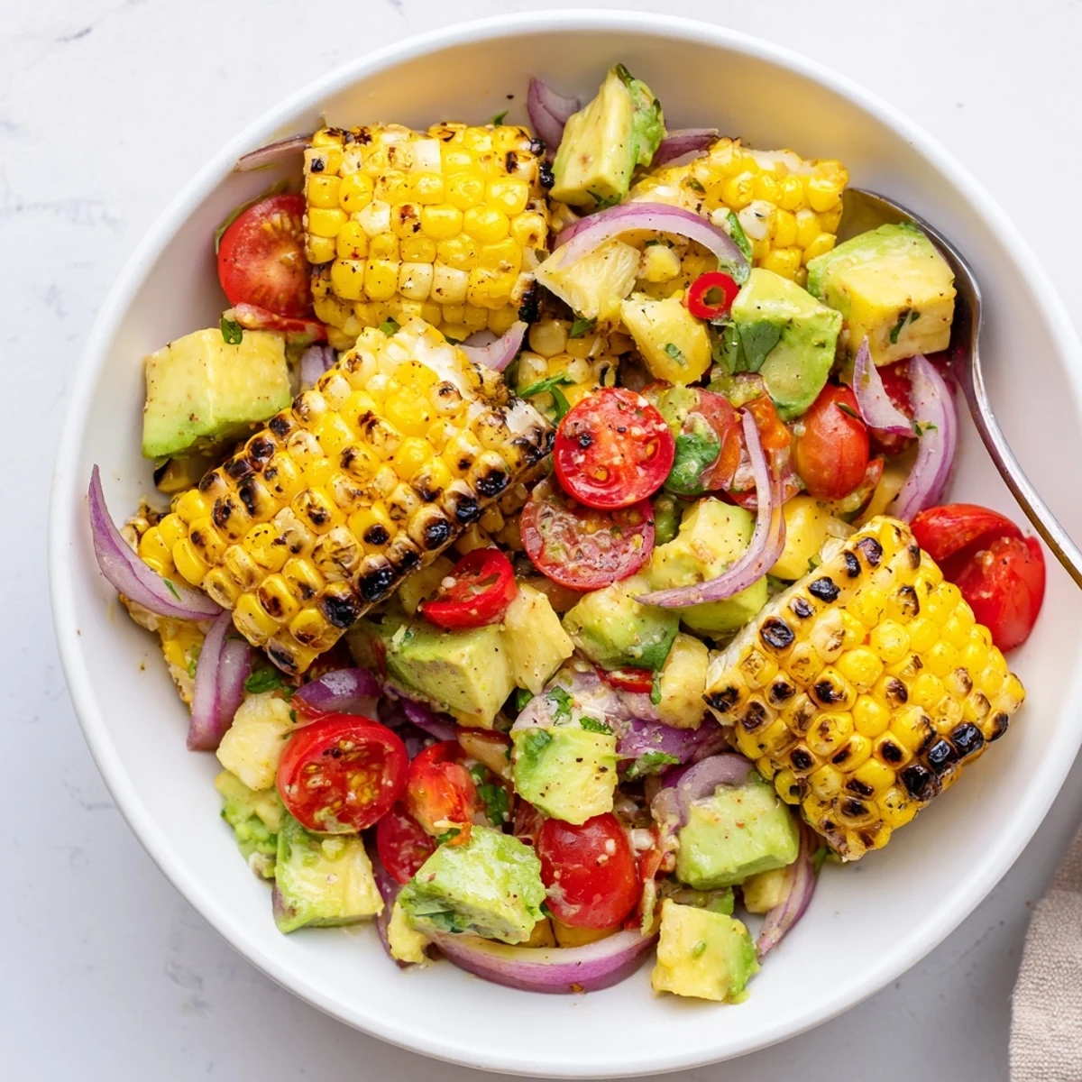 Tropical Charred Corn And Avocado Salad with smoky grilled corn, silky avocado, cilantro