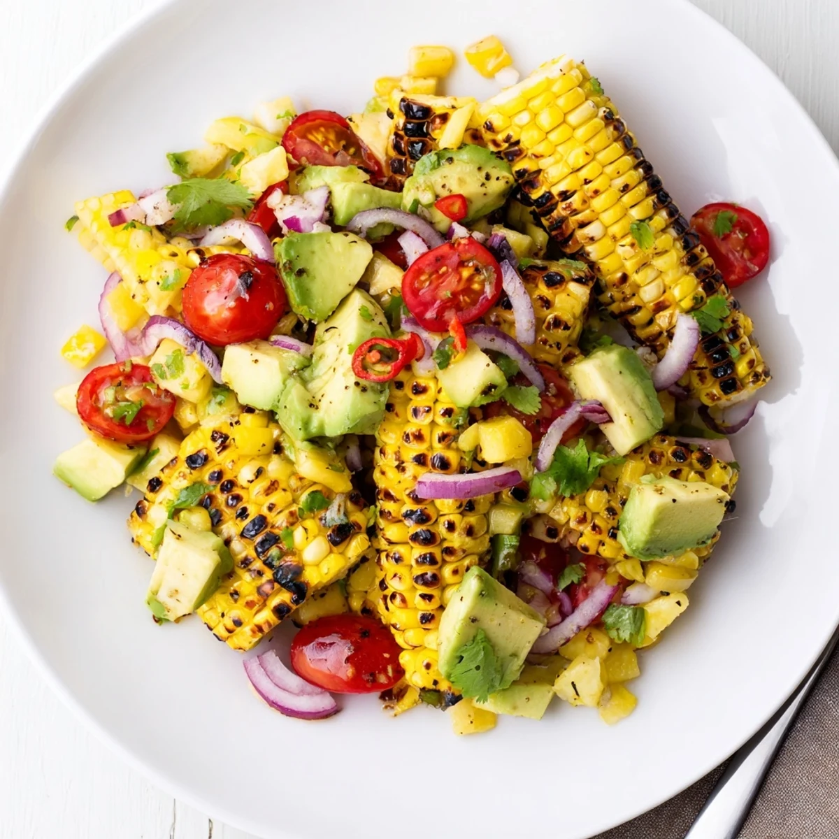 Plated Tropical Charred Corn And Avocado Salad showing charred kernels, cherry tomatoes, tangy dressing