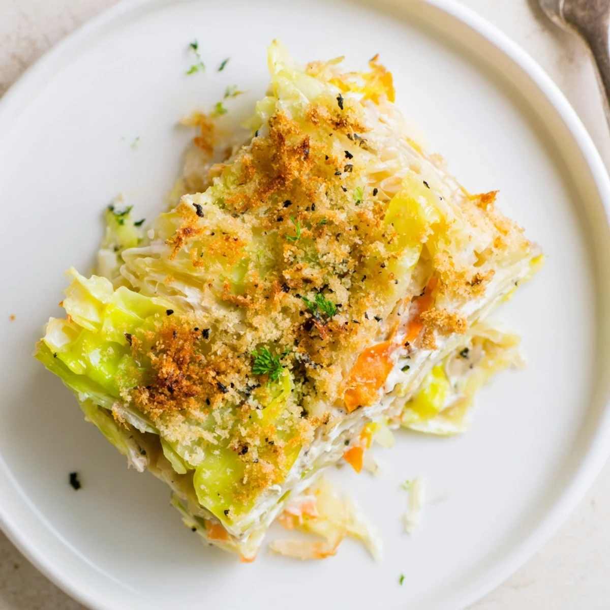 Slow Roasted Cabbage And Sauerkraut Casserole with golden breadcrumb crust, steaming