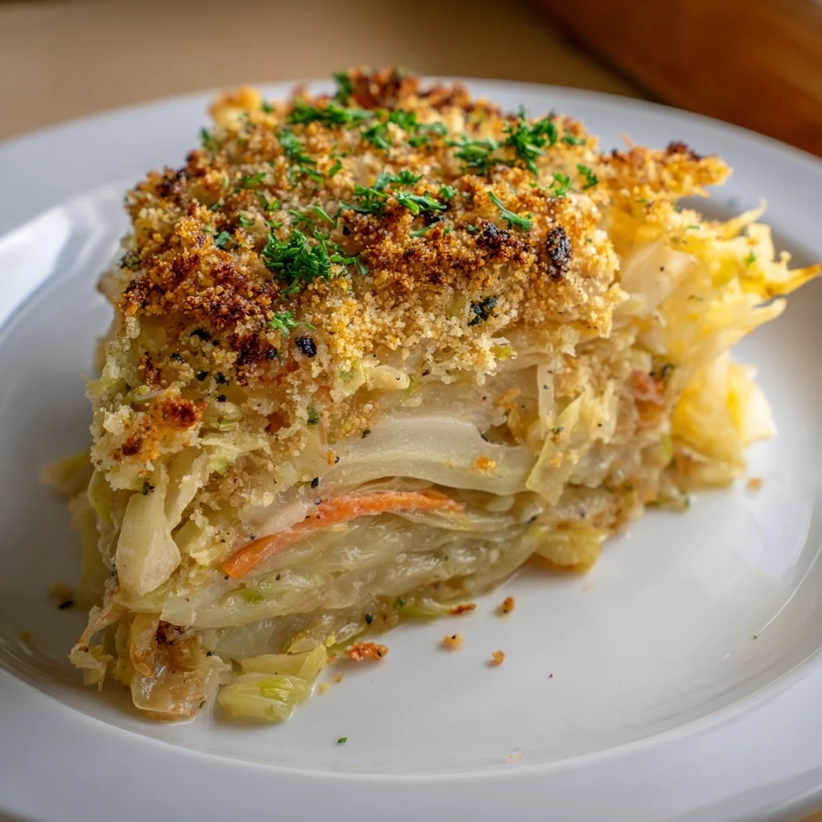 Warm Slow Roasted Cabbage And Sauerkraut Casserole, tangy creamy filling, parsley garnish