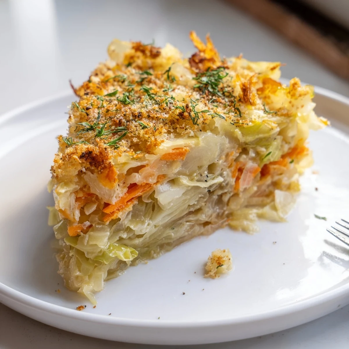 Oven-browned Slow Roasted Cabbage And Sauerkraut Casserole served with rye bread