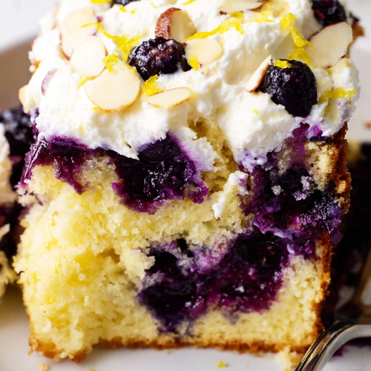Sliced Lemon Blueberry Poke Cake With Almond Topping on plate, zesty, creamy, chilled.