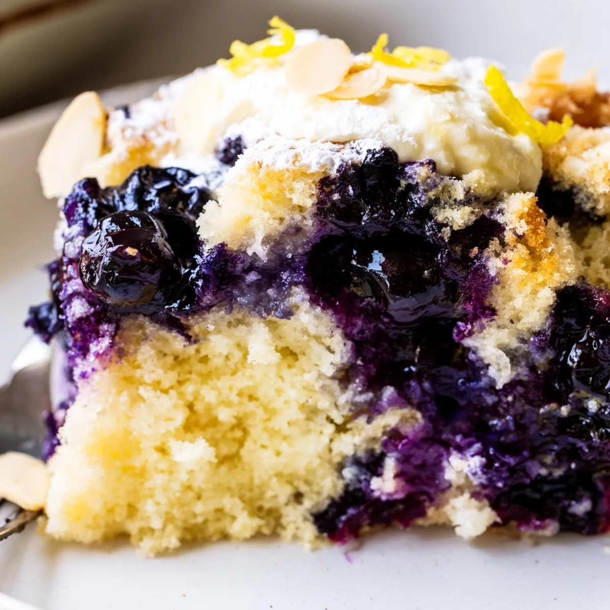 Lemon Blueberry Poke Cake With Almond Topping, juicy blueberry sauce filling and crunchy almonds.