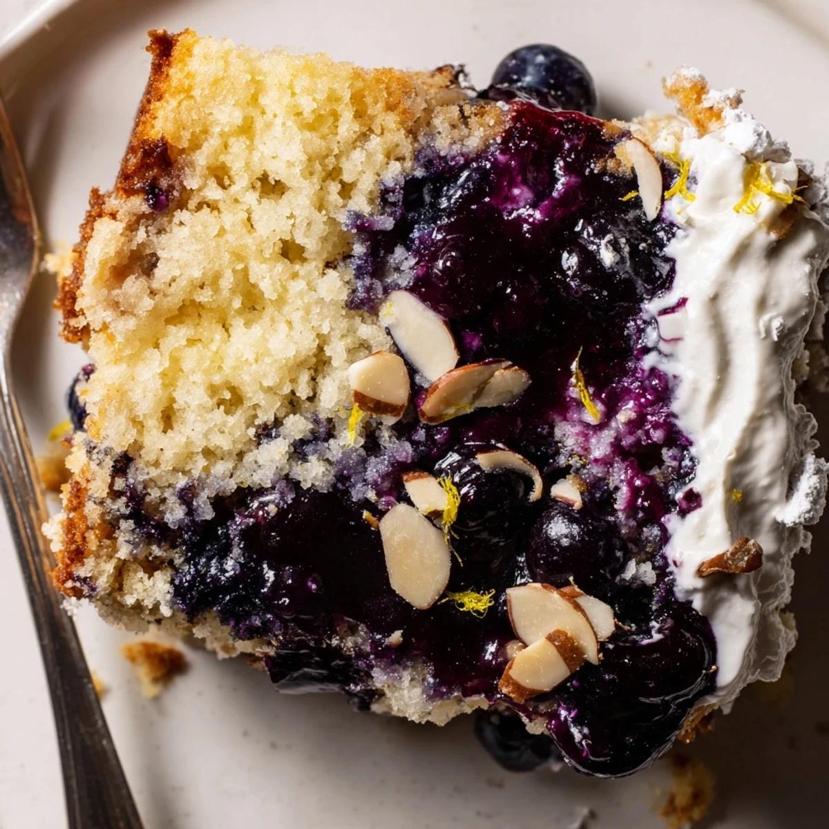 Warm Lemon Blueberry Poke Cake With Almond Topping, spoon-ready blueberry pockets and toasted almonds.