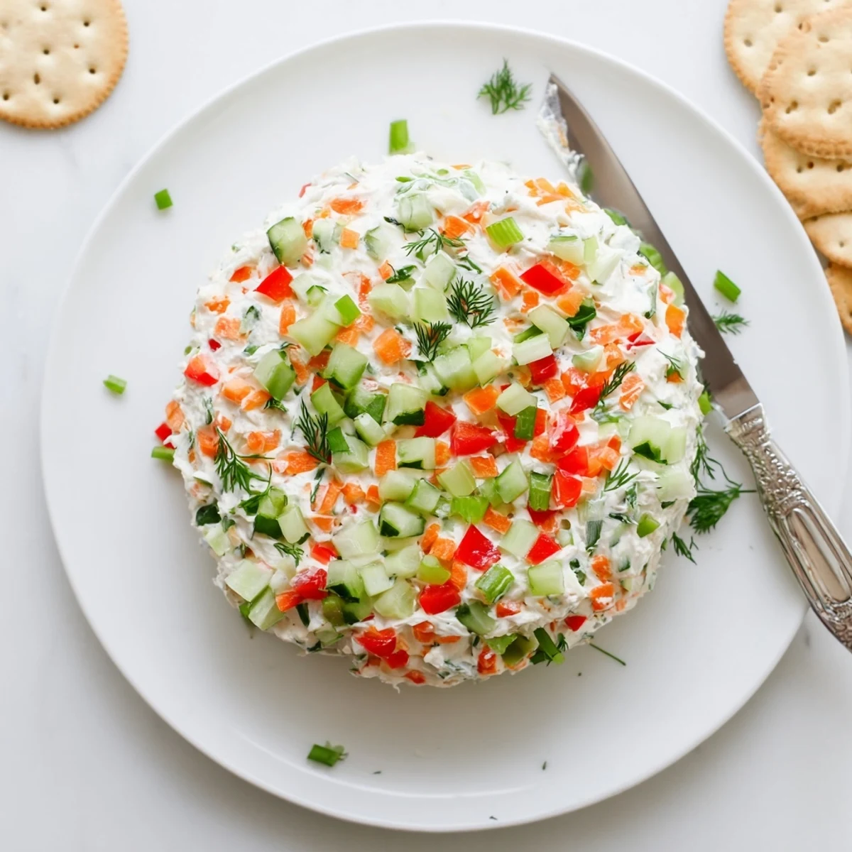 Creamy garden vegetable spread topped with colorful diced peppers and fresh herbs