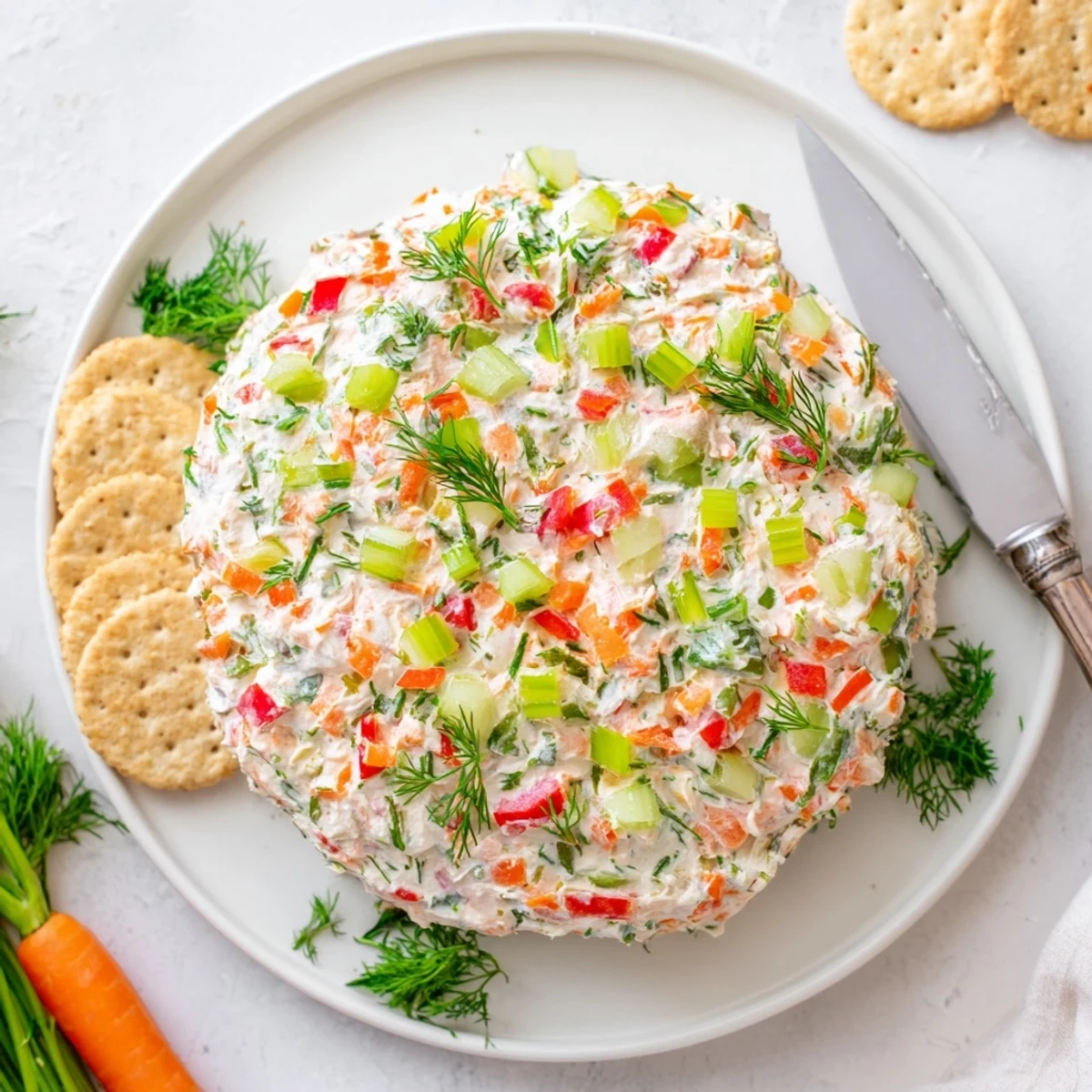 Garden vegetable spread served in a bowl with crisp crackers alongside
