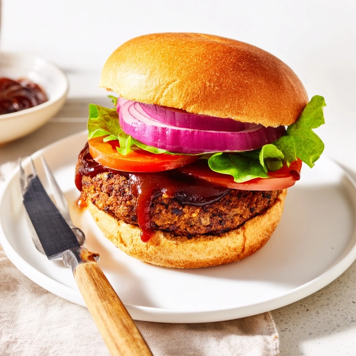 Thick coffee rub burgers dripping with smoky BBQ sauce on toasted buns