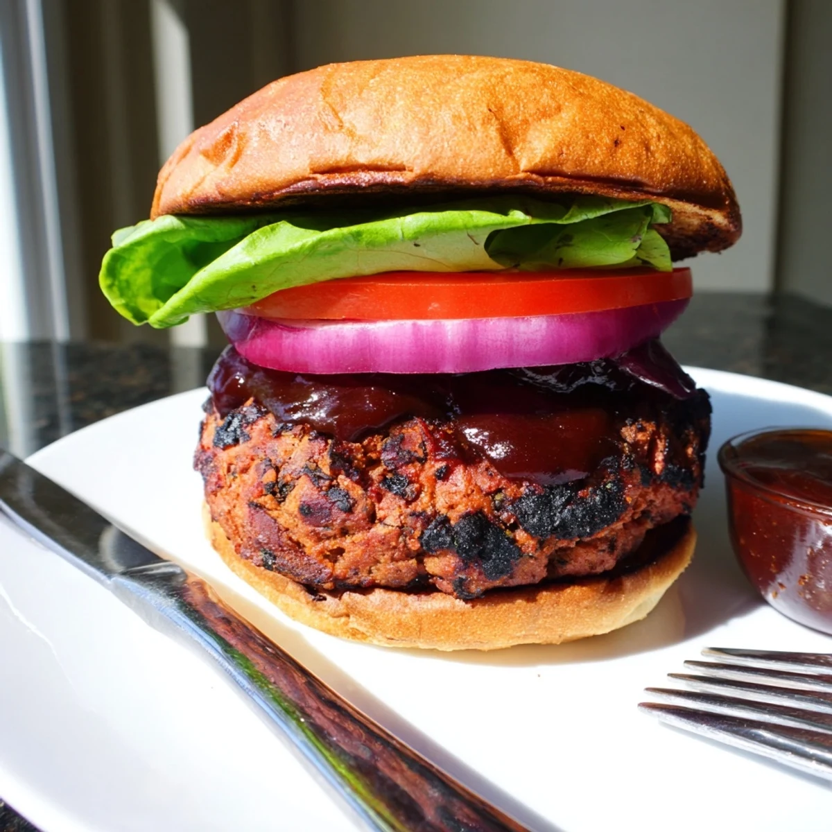 Hearty coffee rub burgers draped in smoky BBQ sauce beside crisp lettuce and tomato
