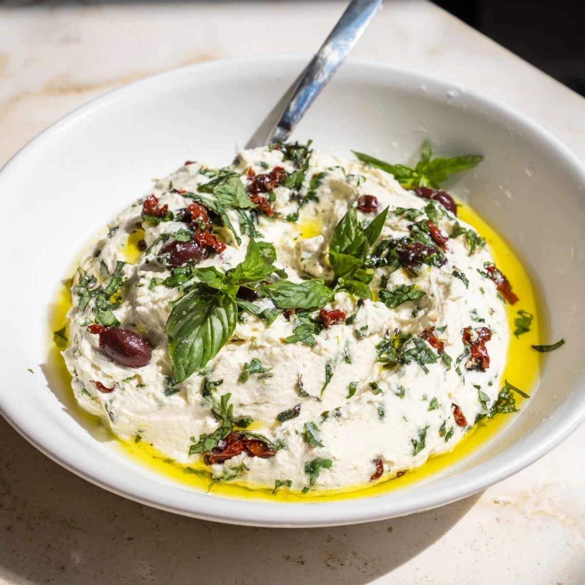 Vibrant Italian Style Olive and Cheese Spread studded with briny olives and sun-dried tomatoes