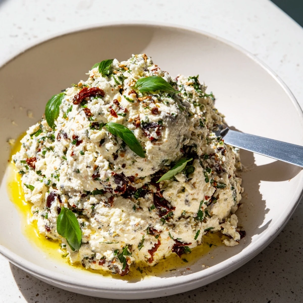 Creamy Italian Style Olive and Cheese Spread topped with fresh basil and olive oil drizzle