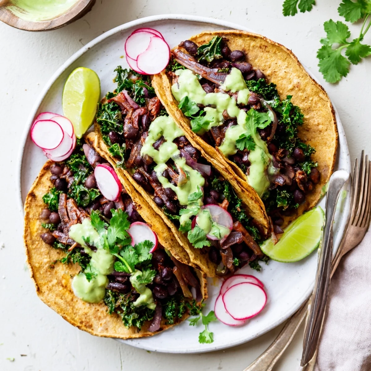 Crispy corn tortillas loaded with smoky black beans, wilted kale, and creamy avocado sauce