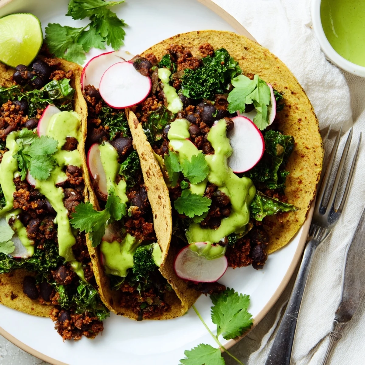 Smoky black bean kale tacos topped with fresh radishes, cilantro, and tangy green drizzle
