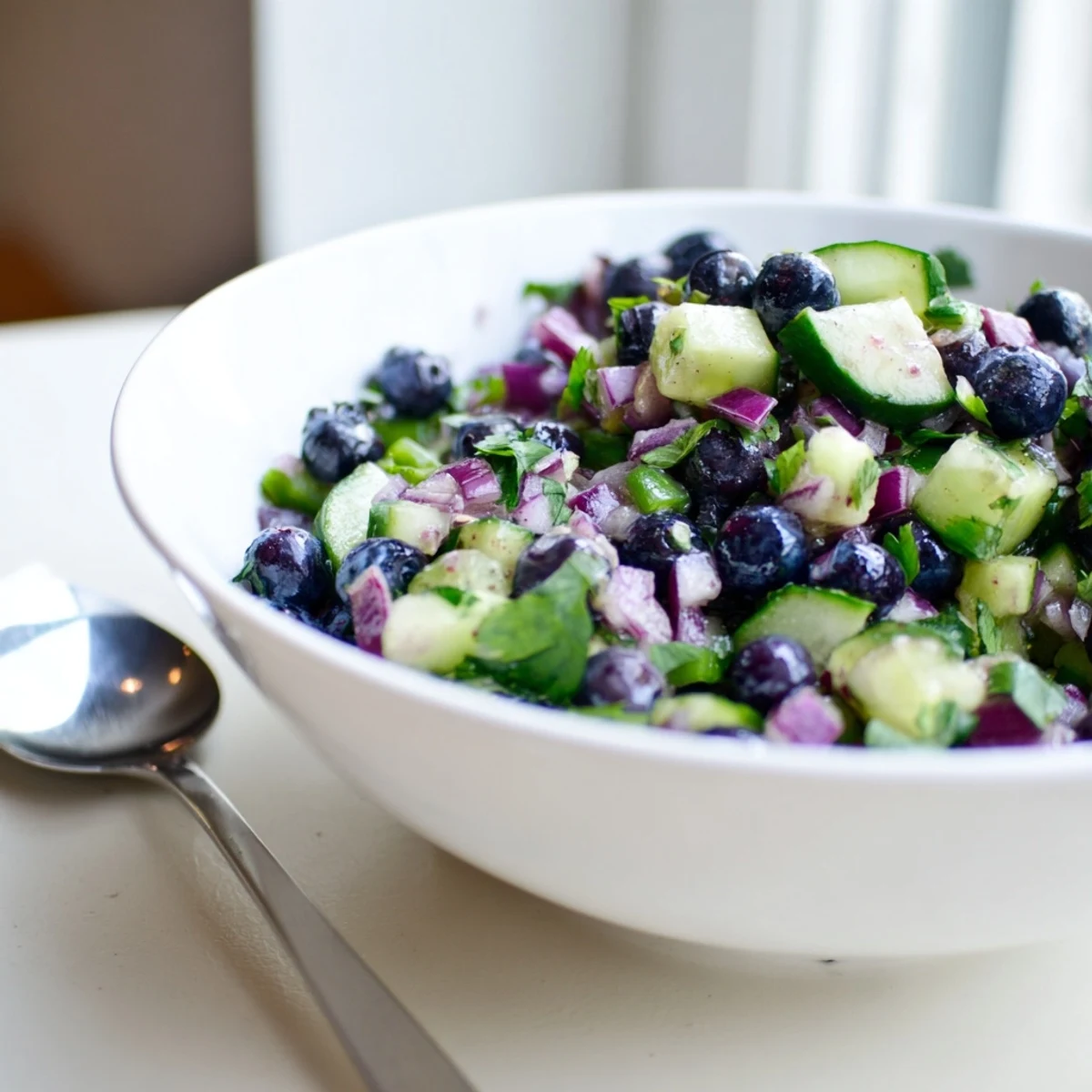 Fresh blueberry cucumber salsa served alongside grilled fish and warm tortillas