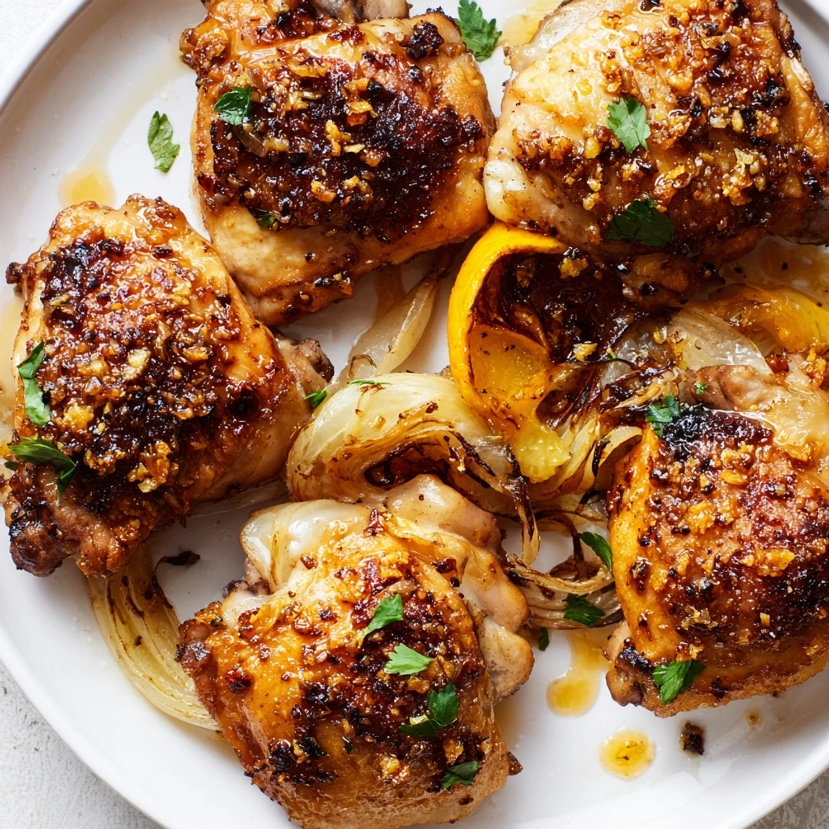 Juicy ginger garlic chicken thigh bake garnished with cilantro over caramelized onions