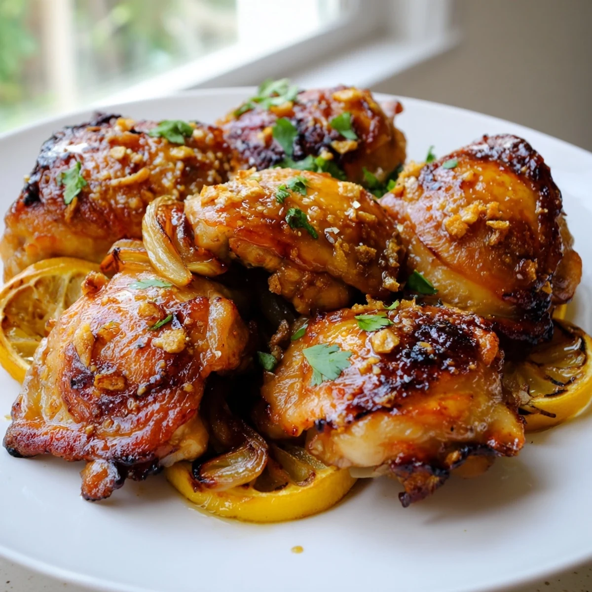 Golden ginger garlic chicken thighs baked until crispy on a sheet pan