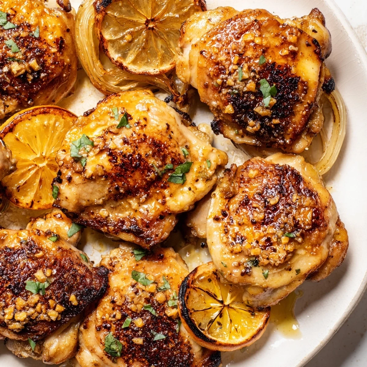 Aromatic ginger garlic chicken thigh bake with glossy golden skin and fresh herbs