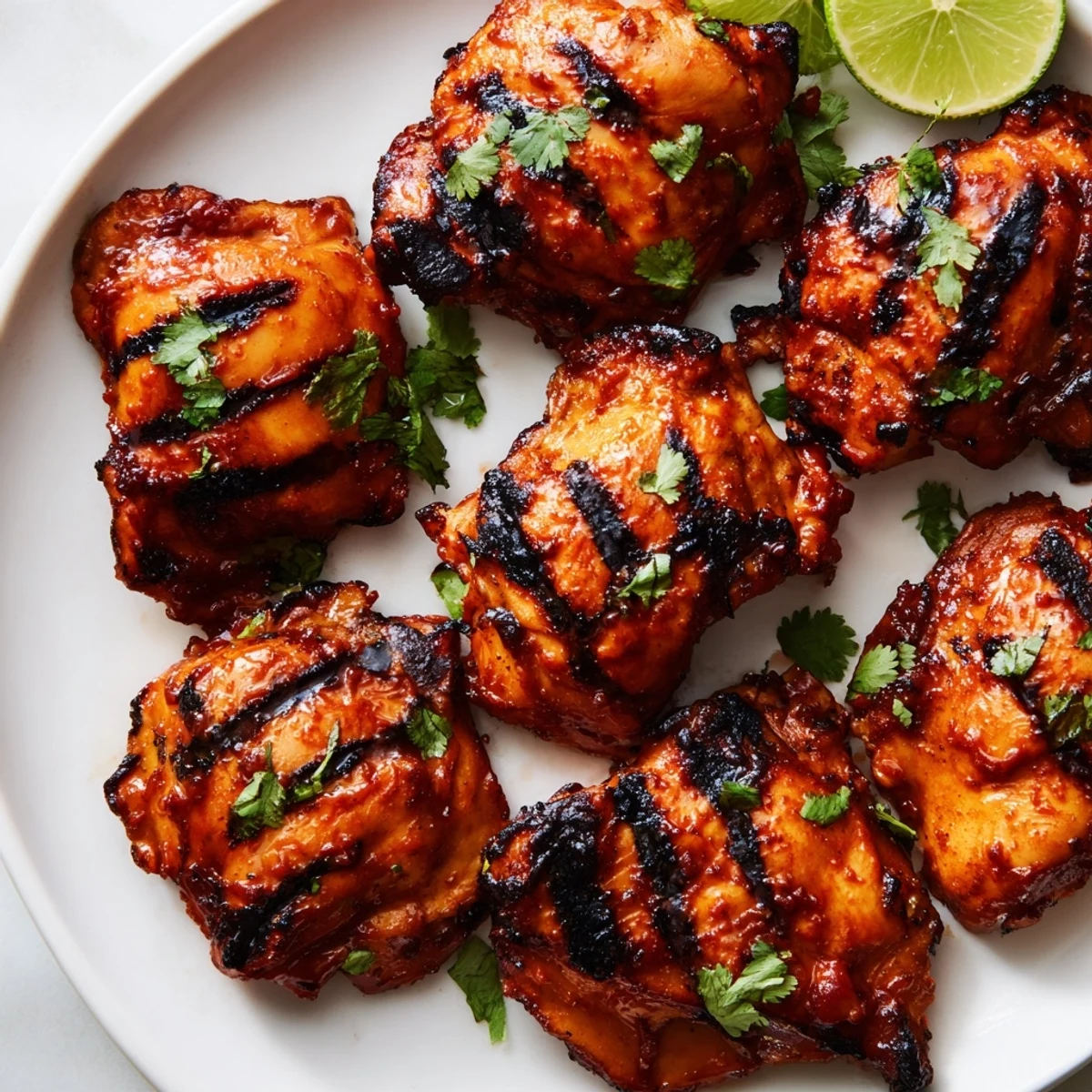 Charred sweet n spicy grilled chicken thighs with cilantro and fresh lime wedges