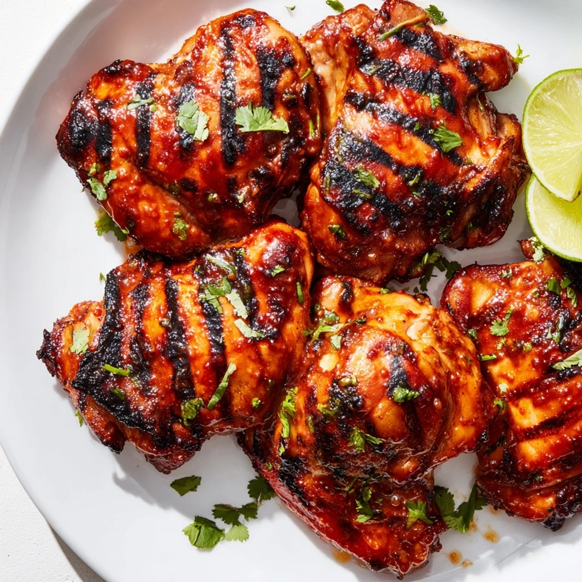 Juicy sweet n spicy grilled chicken thighs glistening with a honey glaze on a plate