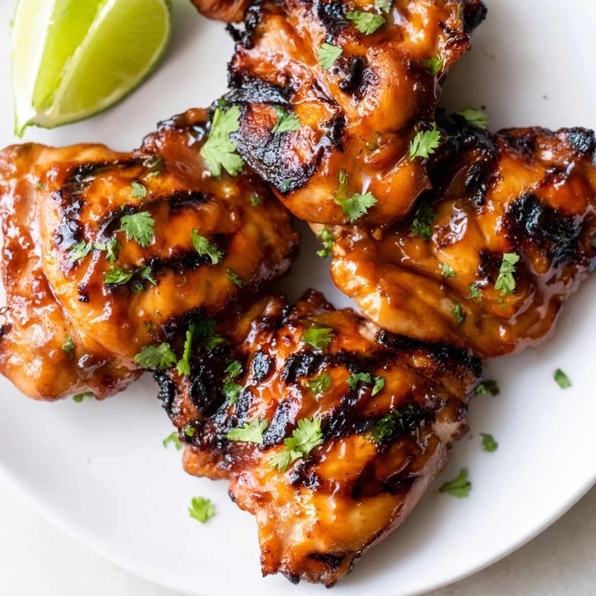 Golden caramelized sweet n spicy grilled chicken thighs resting on a rustic cutting board