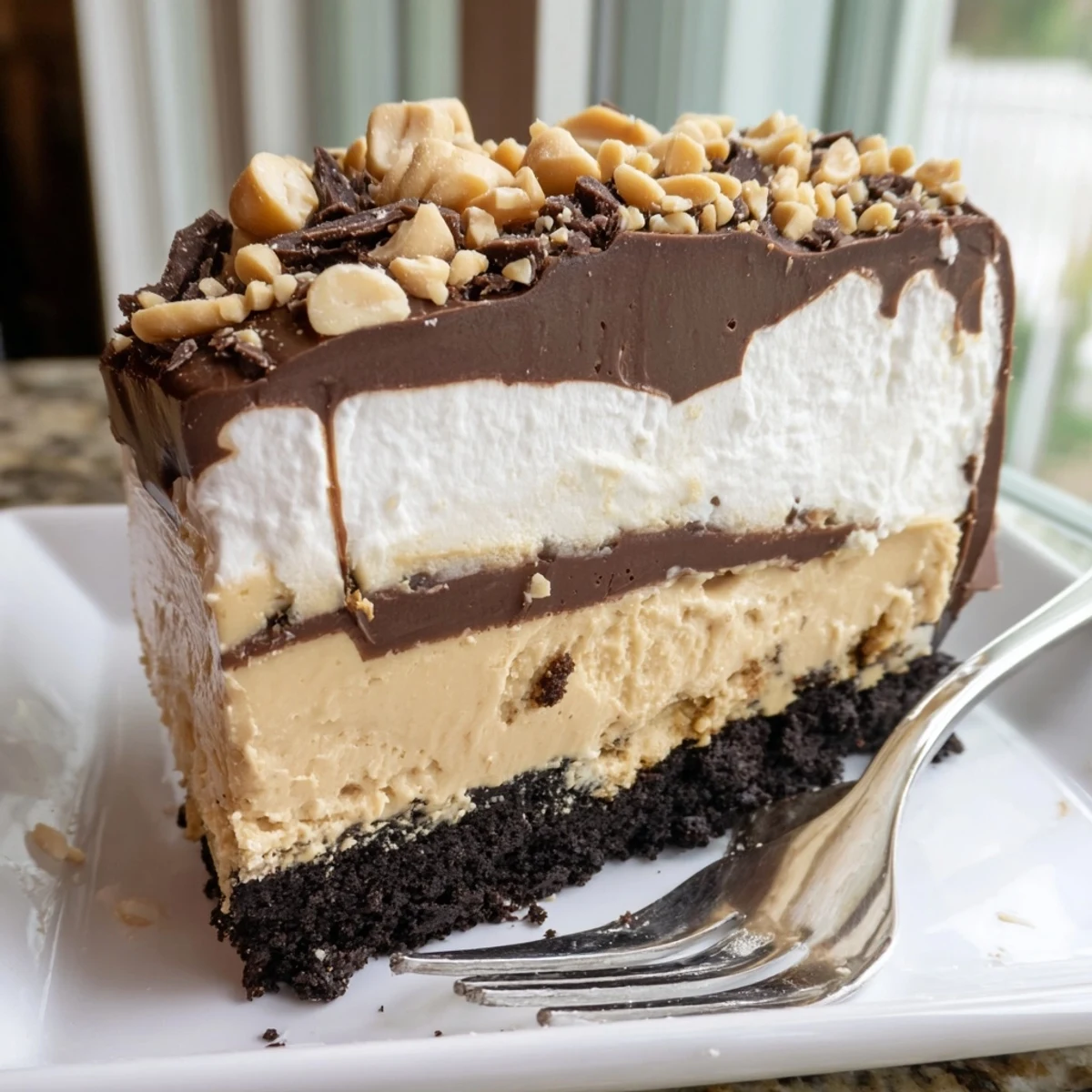 Creamy Peanut Butter Layered Delight with rich chocolate and whipped topping sliced into a generous square