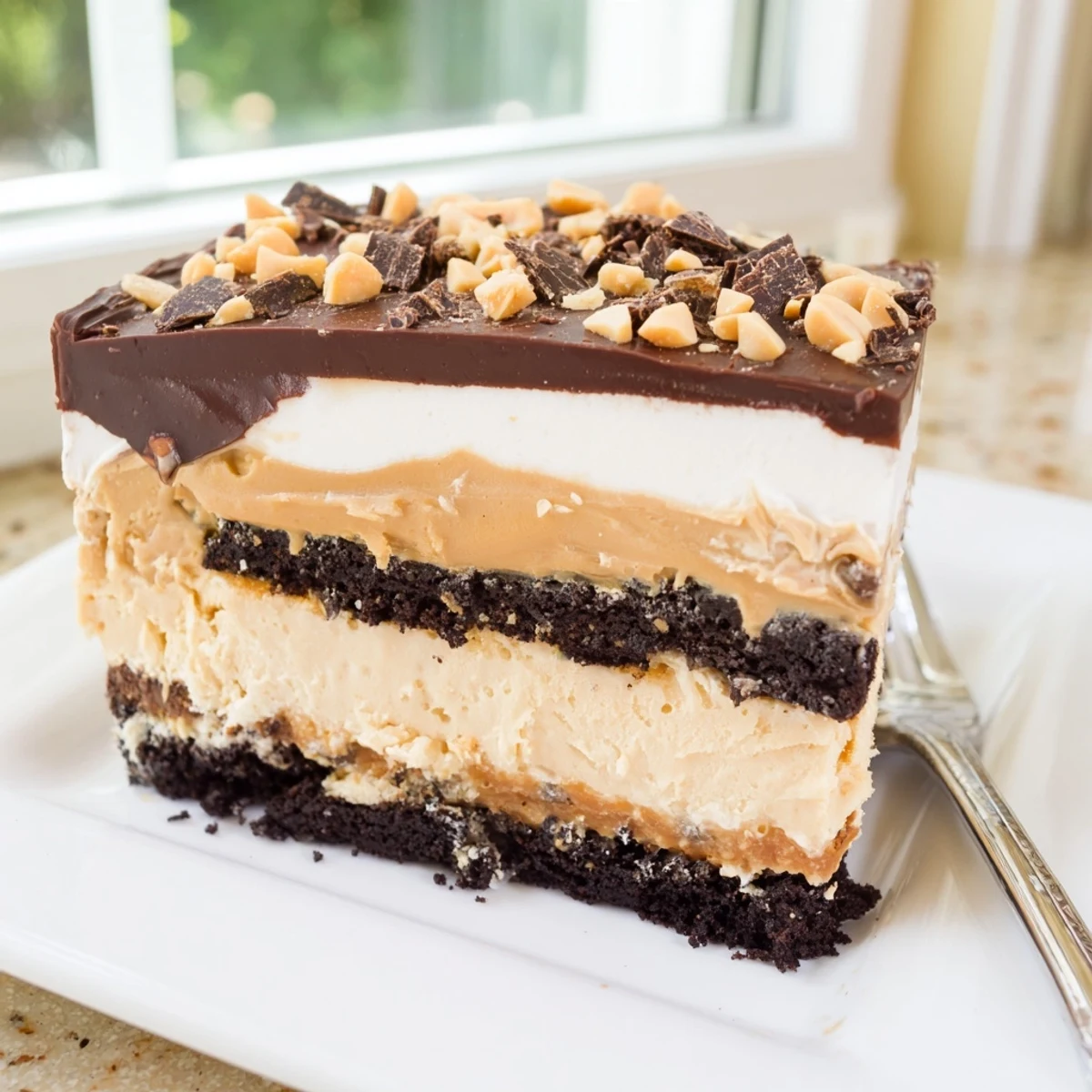 No-bake Peanut Butter Layered Delight showing velvety peanut butter and chocolate layers atop a crunchy cookie crust