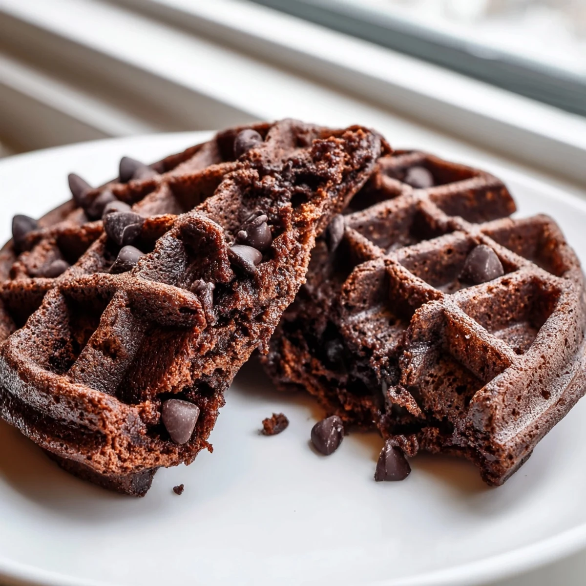 Fudgy brownie waffles with crisp golden edges served warm on a white plate