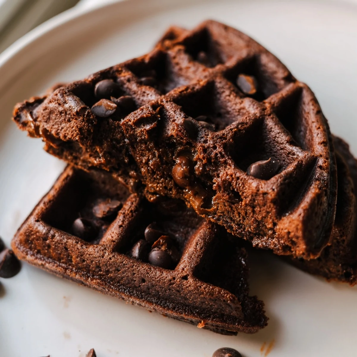 Thick fudgy brownie waffles with gooey chocolate chip centers stacked for a decadent brunch