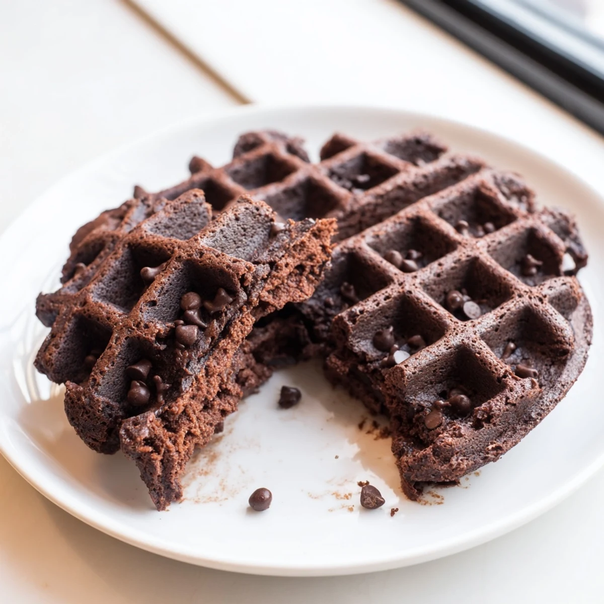 Freshly cooked fudgy brownie waffles topped with whipped cream and chocolate drizzle