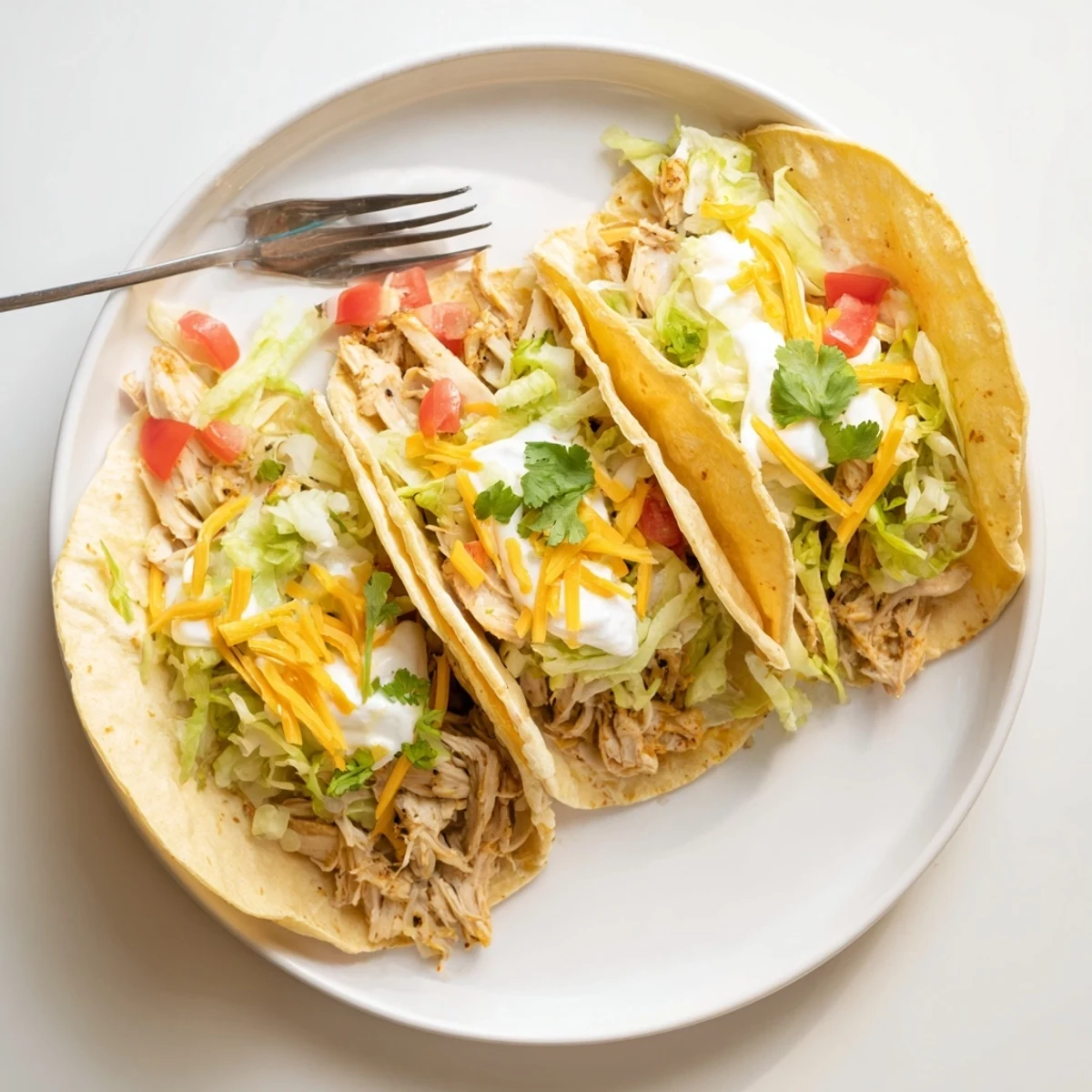 Slow cooker ranch chicken tacos loaded with sour cream tomatoes and a bright lime wedge
