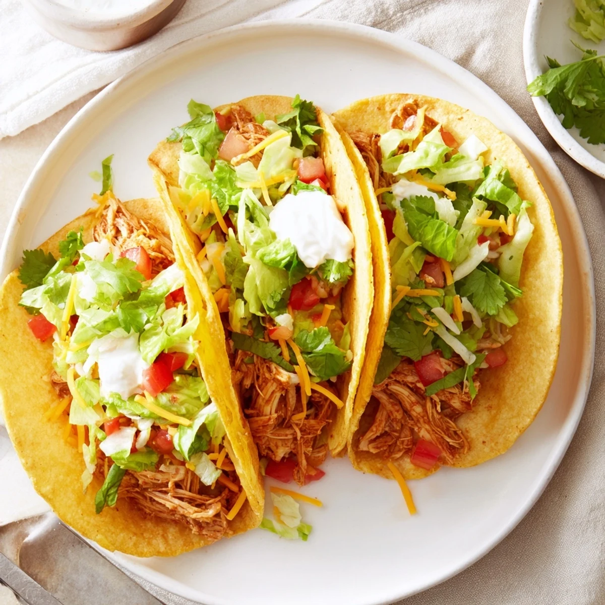 Warm corn tortillas filled with tender slow cooker ranch chicken tacos and crisp lettuce