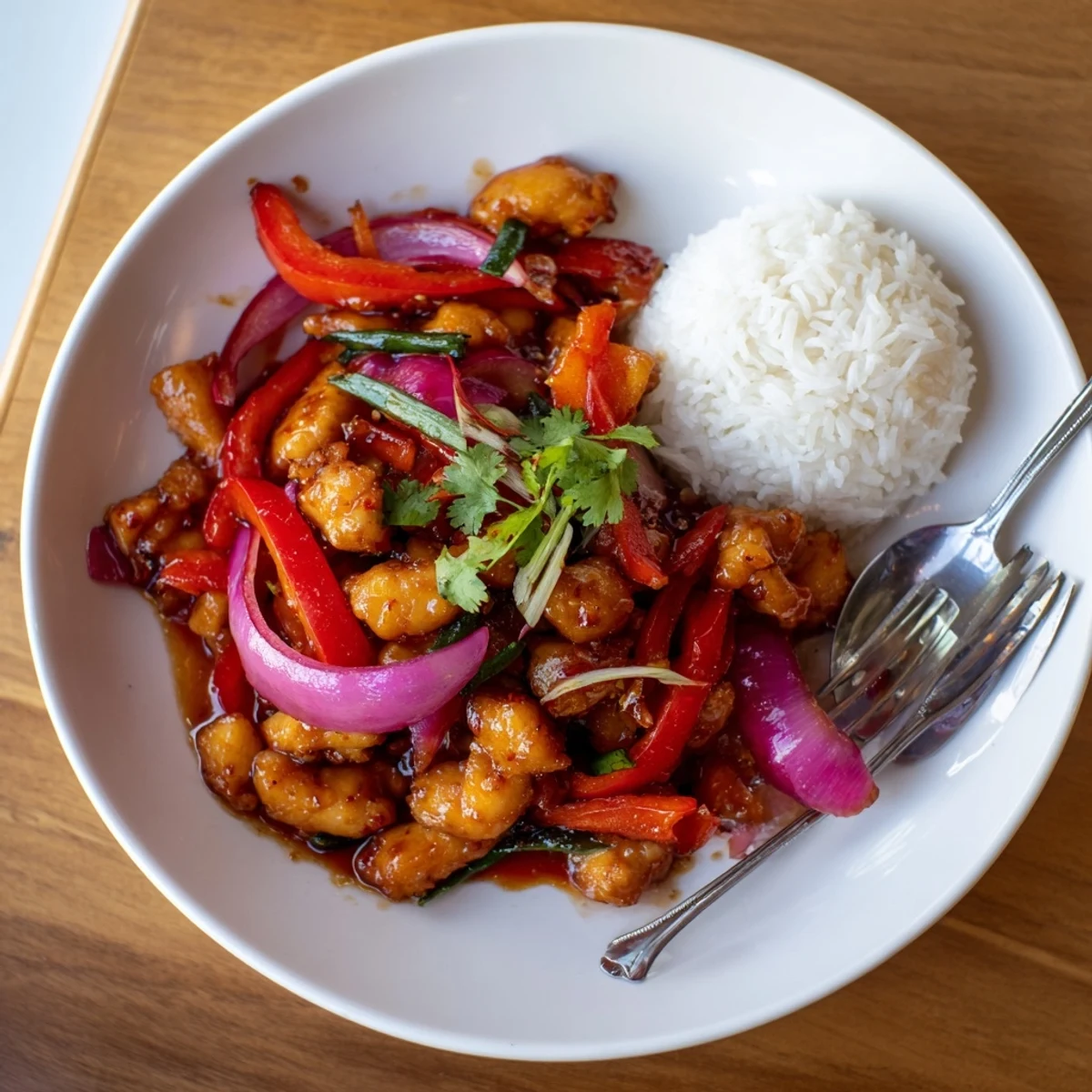 Golden Thai Peach Chicken served over steamed jasmine rice with fresh cilantro garnish