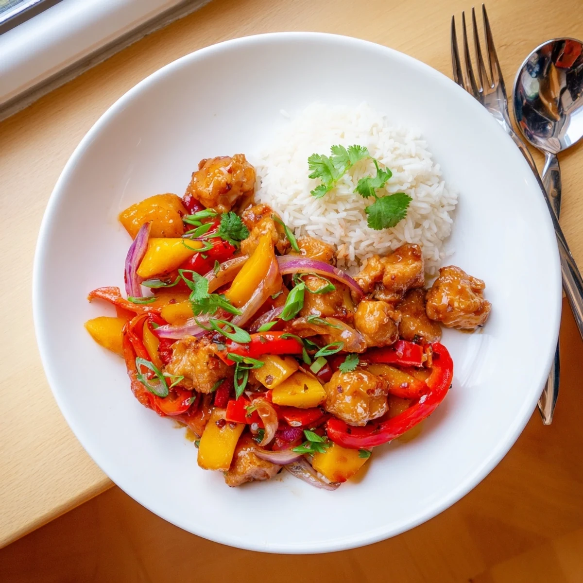 Juicy glazed Thai Peach Chicken with sweet peach slices and colorful bell peppers